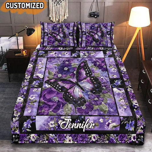 Gorgeous Purple Butterfly Flowers Personalized Name Quilt Bedding Set
