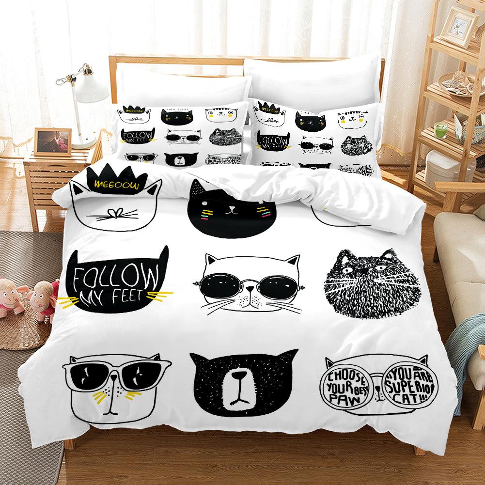 3D Black White Cartoon Cat Kitty Quilt Cover Set Bedding Set Duvet Cover Pillowcases SF43