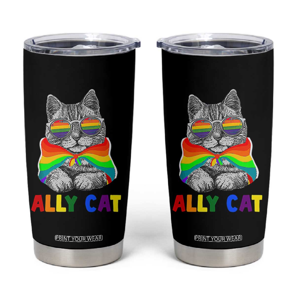Ally Cat with Pride Cape Tumbler Cup Rainbow LGBTQ+ Support TS02
