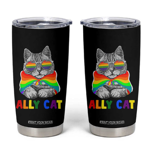 Ally Cat with Pride Cape Tumbler Cup Rainbow LGBTQ+ Support TS02
