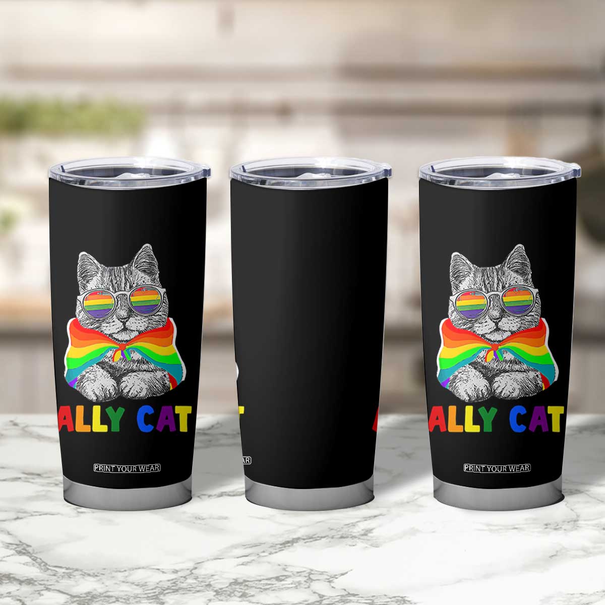 Ally Cat with Pride Cape Tumbler Cup Rainbow LGBTQ+ Support TS02