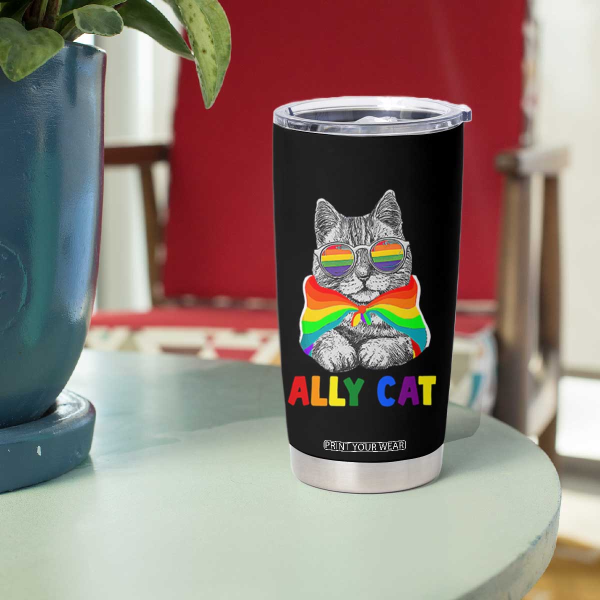 Ally Cat with Pride Cape Tumbler Cup Rainbow LGBTQ+ Support TS02