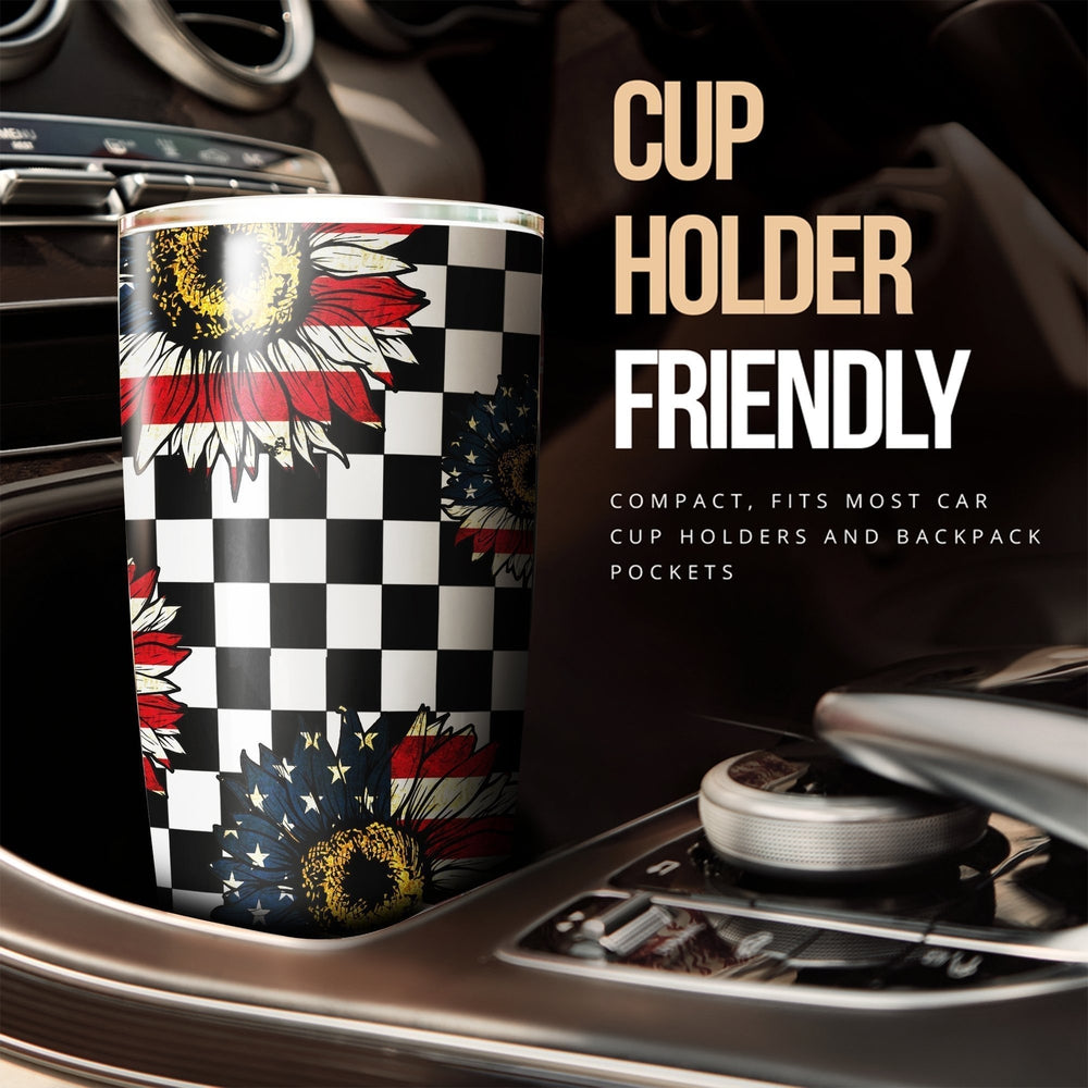 American Flag Sunflower Tumbler Stainless Steel Checkerboard