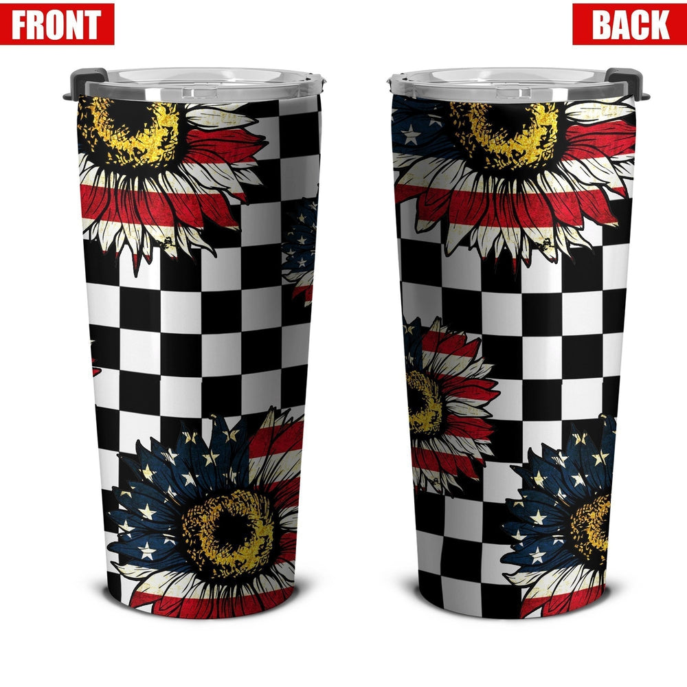 American Flag Sunflower Tumbler Stainless Steel Checkerboard