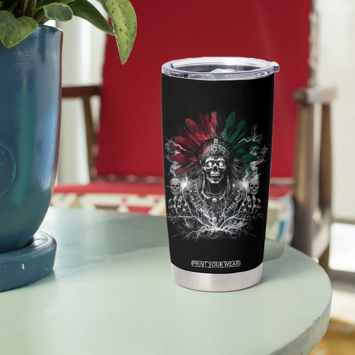 Ancient Aztec King Tumbler Cup Calabera Azteca Mexican Skull Skeleton TS10