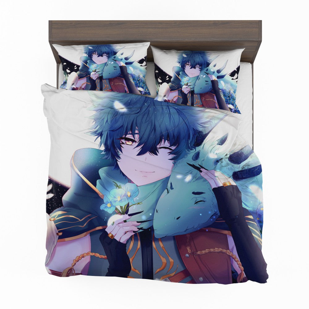 Anime Boy Dragon Blue Flowers Bedding Set