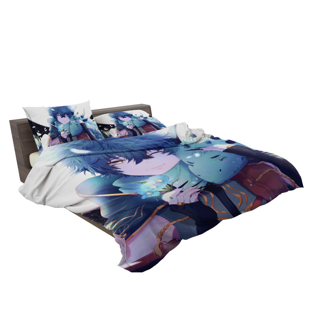 Anime Boy Dragon Blue Flowers Bedding Set