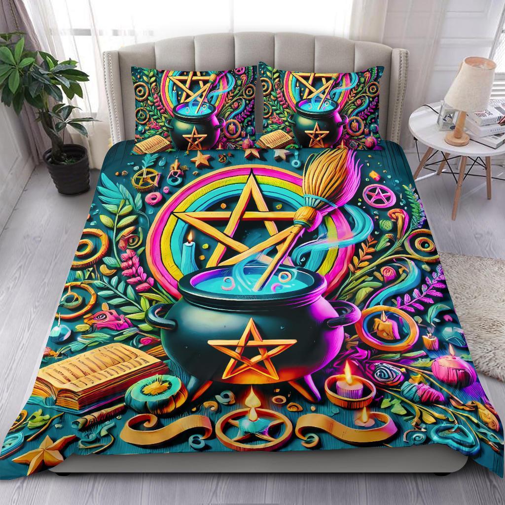 Personalized  Wicca Pentagram Cauldron Witchy Duvet Cover Bedding Set 3-pc for Halloween