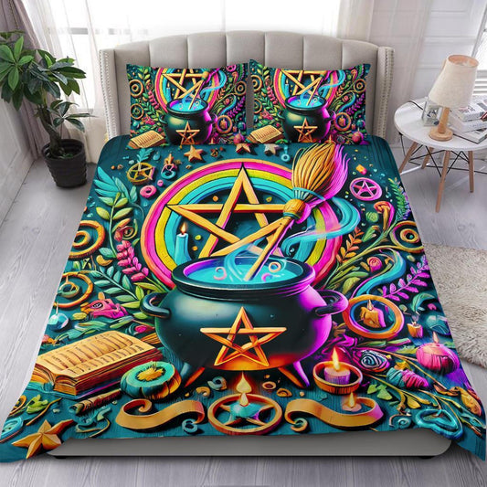Personalized  Wicca Pentagram Cauldron Witchy Duvet Cover Bedding Set 3-pc for Halloween