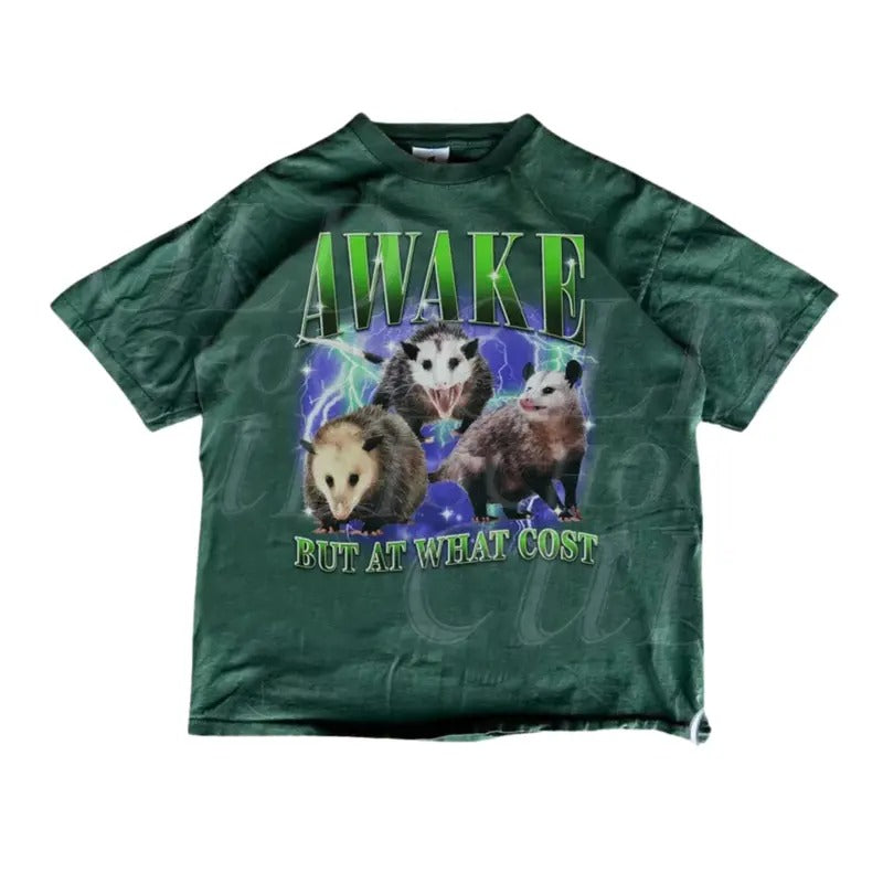 Awake But At What Cost Vintage Graphic T-Shirt, Retro Funny Possum Bootleg T Shirt, Vintage Opossum T Shirt, Funny Gag Shirt, Washed Shirt