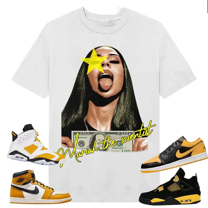 BIG FACE Mariahh The Scientist Yellow Star, Shirt to match A J 6s Yellow Ochre, A J 1 Yellow Ochre, A J 4 Thunder, Shirt to matching Sneaker White shirt