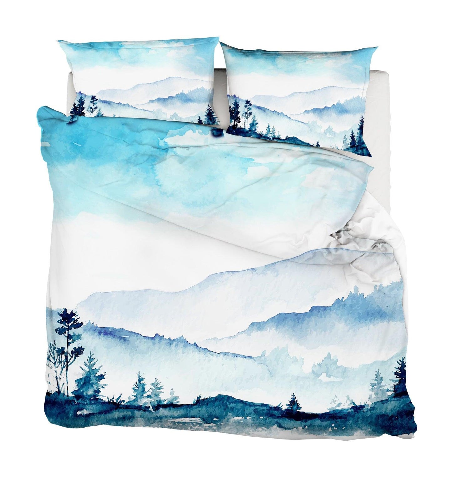 3D Blue Watercolor Mountains Forest Quilt Cover Set Bedding Set Pillowcases 38