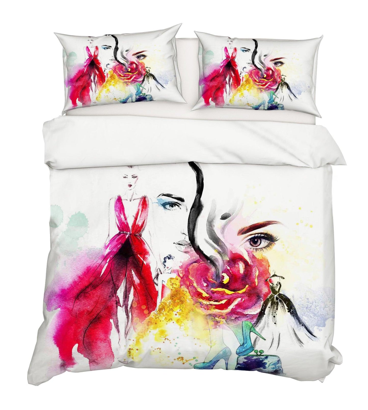 3D Beauty Skirt Floral High Heels Watercolor Quilt Cover Set Bedding Set Pillowcases 45