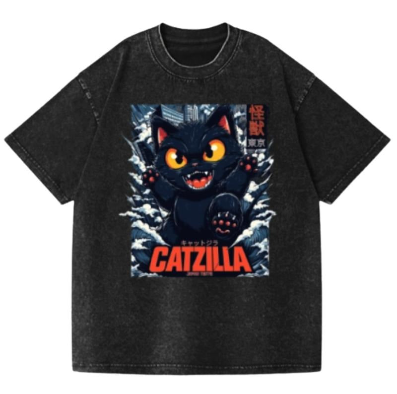 Black Cat Godzilla Catzilla Vintage Wash Japanese Design T-Shirt, Funny Anime Graphic Tee Shortsleeve Comfort Top