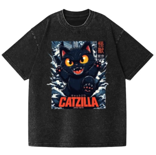Black Cat Godzilla Catzilla Vintage Wash Japanese Design T-Shirt, Funny Anime Graphic Tee Shortsleeve Comfort Top