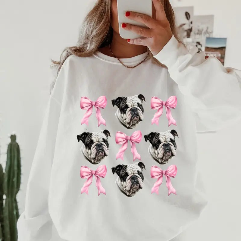 Black and White English Bulldog with bows Sweatshirt ~ Sweatshirt Unisex Apparel Relaxed Fit Printed in the USA Clothing Womenswear Casual and Comfortable