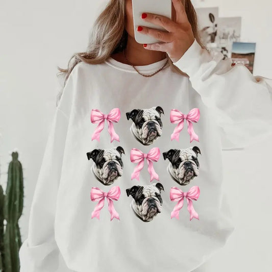 Black and White English Bulldog with bows Sweatshirt ~ Sweatshirt Unisex Apparel Relaxed Fit Printed in the USA Clothing Womenswear Casual and Comfortable