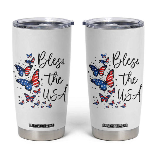 Bless The USA 4th of July Tumbler Cup Patriotic American Flag Butterfly Independence Day TS11