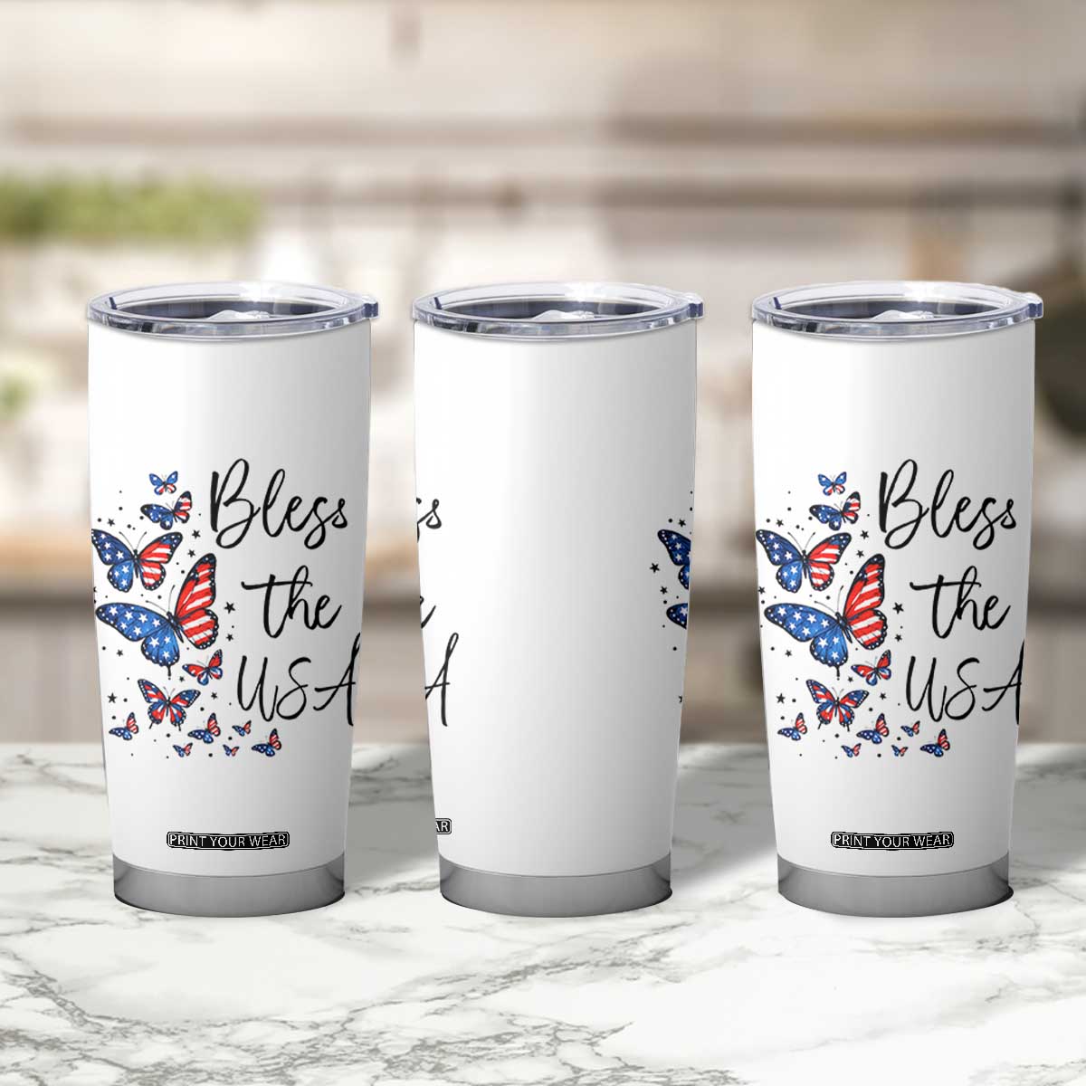 Bless The USA 4th of July Tumbler Cup Patriotic American Flag Butterfly Independence Day TS11