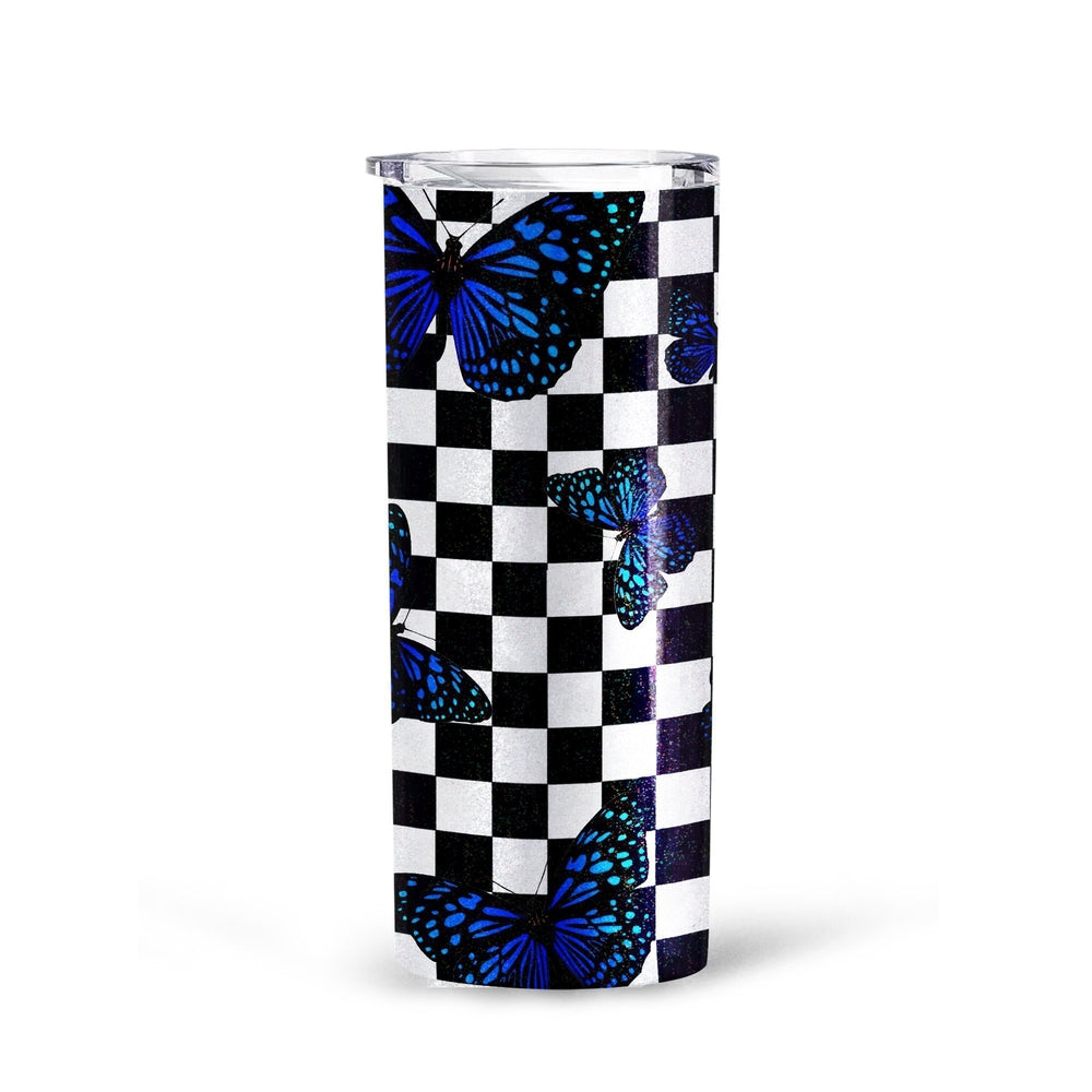 Blue Butterfly Checkerboard Tall Glitter Tumbler Cup Custom