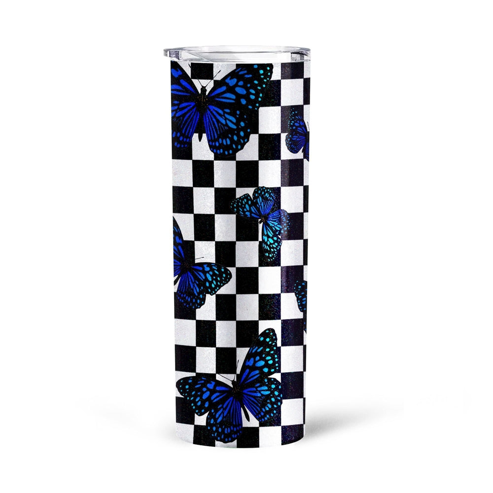 Blue Butterfly Checkerboard Tall Glitter Tumbler Cup Custom