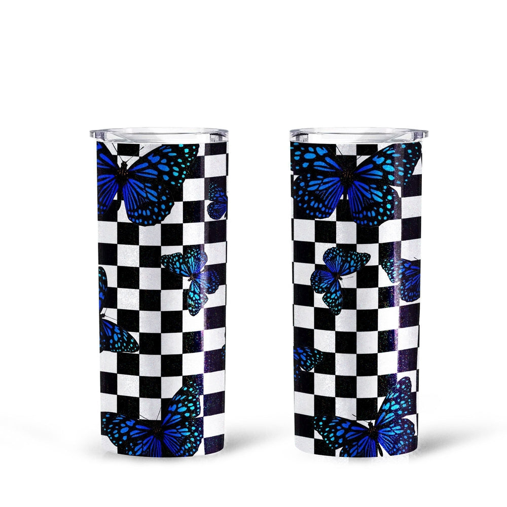 Blue Butterfly Checkerboard Tall Glitter Tumbler Cup Custom