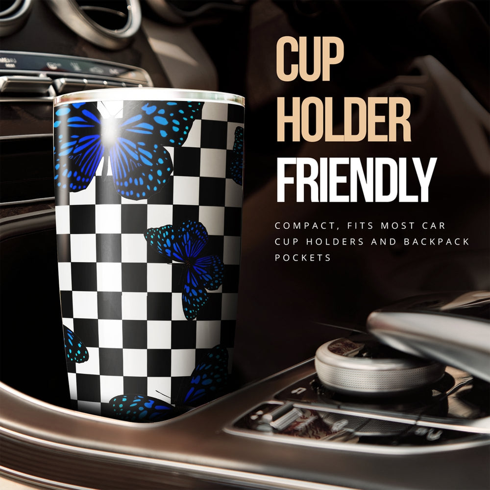 Blue Butterfly Checkerboard Tumbler Cup Custom