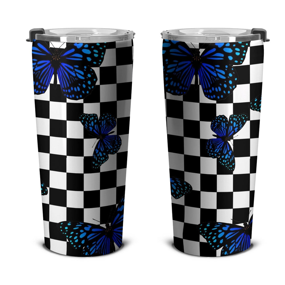 Blue Butterfly Checkerboard Tumbler Cup Custom