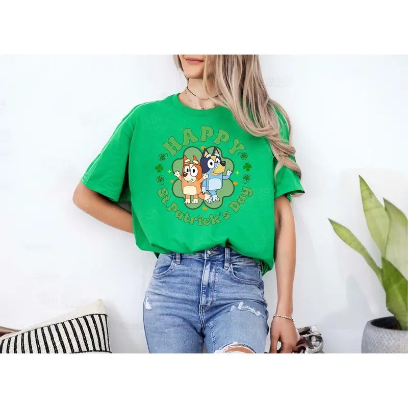 Bluey Dogs And Friends T Shirt, Blue Dog St Patricks Day Shirt, Cute Shamrock Shirt, Lucky Shirt, Wee Little Hoolign Shirt Saint Patricks Day Shirt, Kids St. Pattys Day Tee