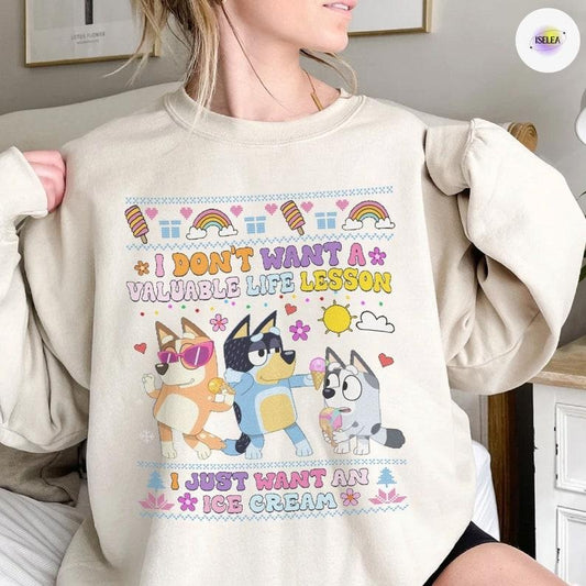 Bluey I Just Want An Ice Cream Xmas Sweatshirt, Bluey Xmas Holliday Ugly Shirt, Bluey The Heeler Dancing On Ice Cream, MerryXmas Season Gift