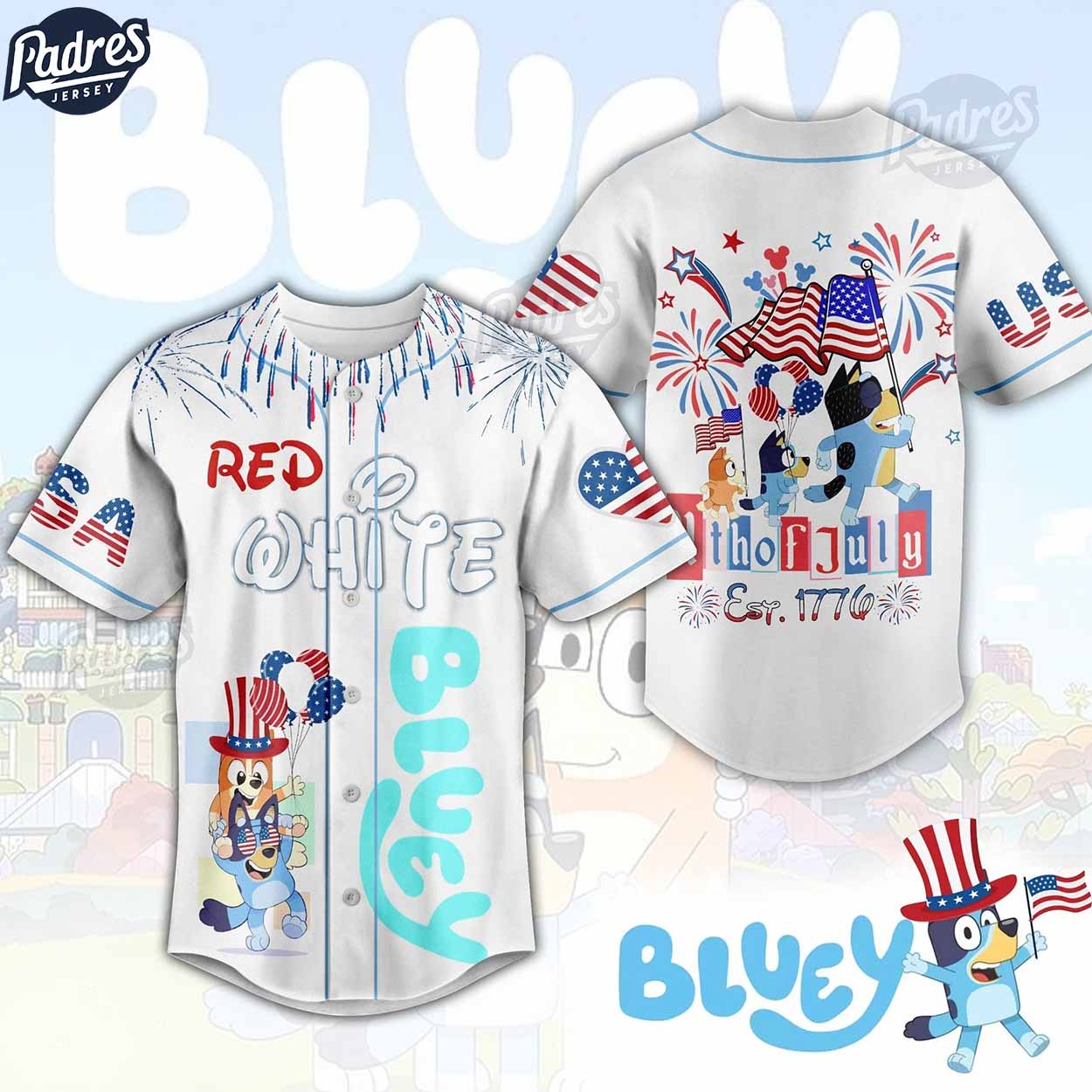 Bluey Red White 4th Of July Est 1776 White Baseball Jersey - Padres Jersey Oasis: Elevate Your Baseball Style Game