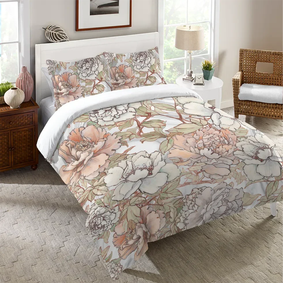 Blushing Pale Pink Peonies Duvet Cover Bedding Set | Personalized 3-pc Duvet Cover With Pillowcases