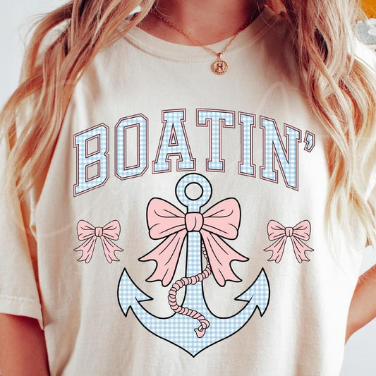 Boatin' Shirt, Preppy Nautical Bow Anchor T-Shirt, Cute Summer Coastal Vacation Outfit for Women Unisex Fabric