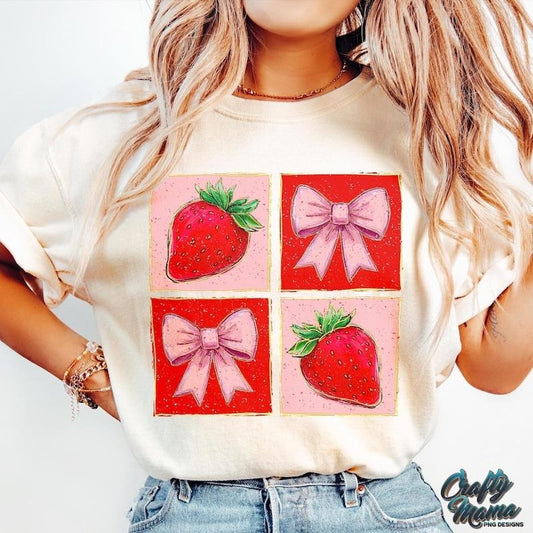 Boho Coquette Strawberry Preppy Summer Pink Bow Retro Trendy Summer T-Shirt