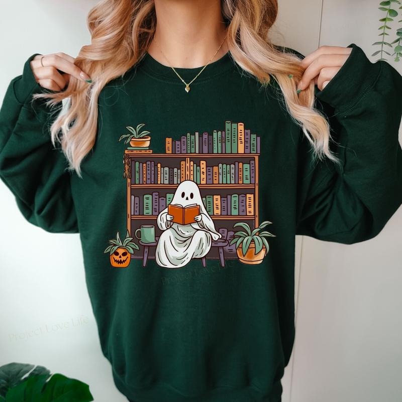 Bookish Ghost Sweatshirt, Ghost Halloween Sweatshirt, Spooky Library Shirt, Book Lover Shirt, Halloween Reading Sweatshirt, Pumpkin Crewneck, Librarian Appreciation Gift