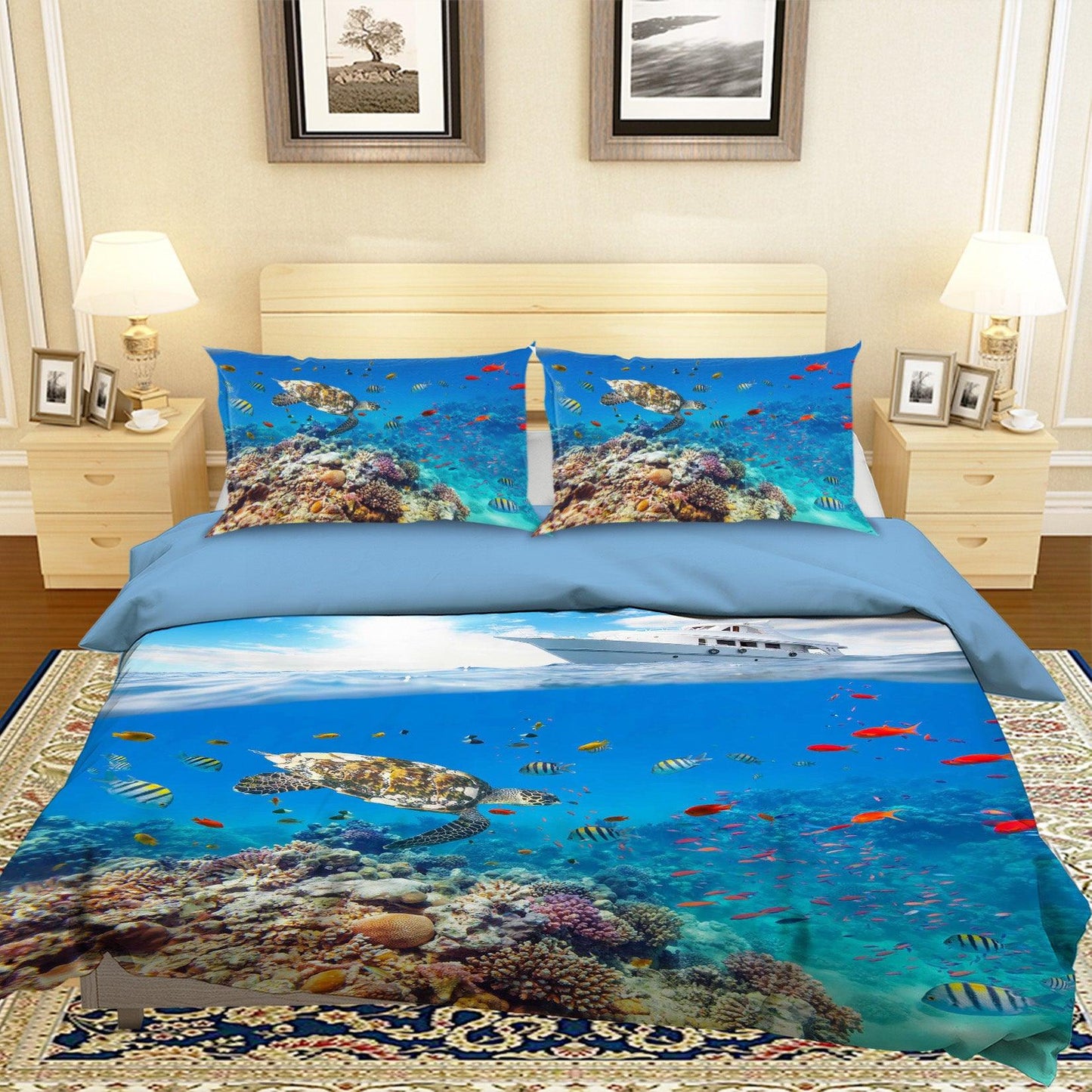 3D Blue Sea Turtle Yacht Fish Coral Quilt Cover Set Bedding Set Pillowcases 09