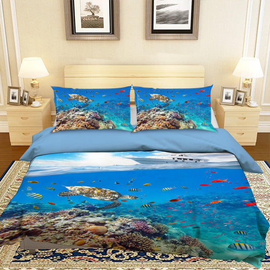 3D Blue Sea Turtle Yacht Fish Coral Quilt Cover Set Bedding Set Pillowcases 09