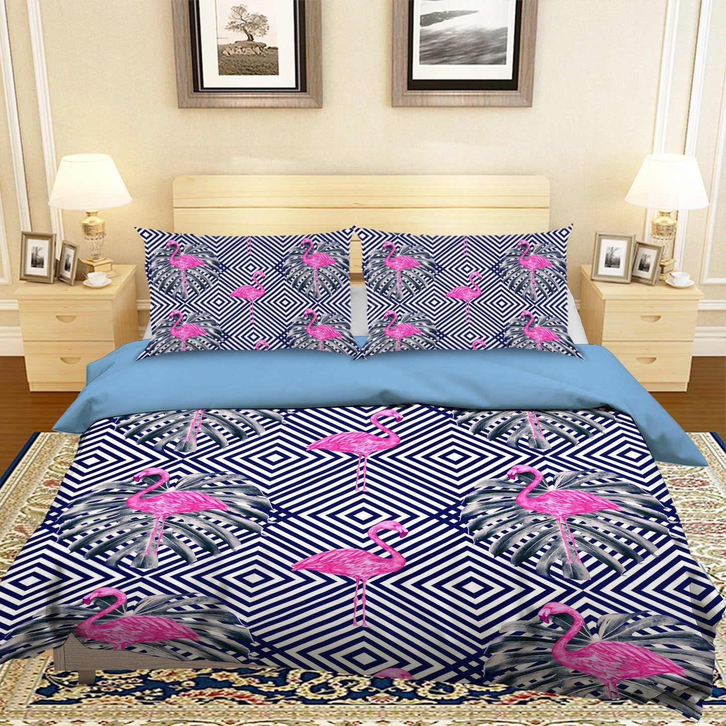 3D Black Pink Flamingo Stripes Square Quilt Cover Set Bedding Set Pillowcases 40