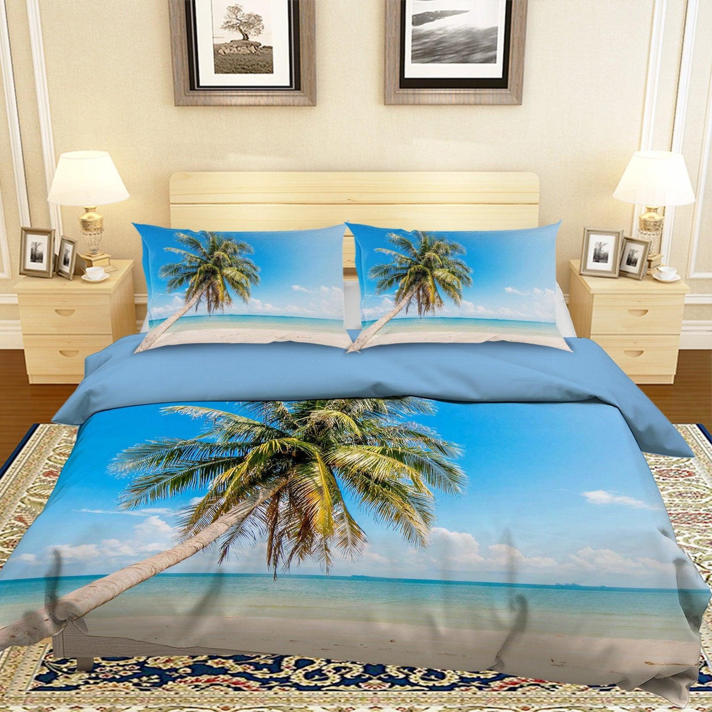 3D Blue Sea Beach Palm Tree Quilt Cover Set Bedding Set Pillowcases 32