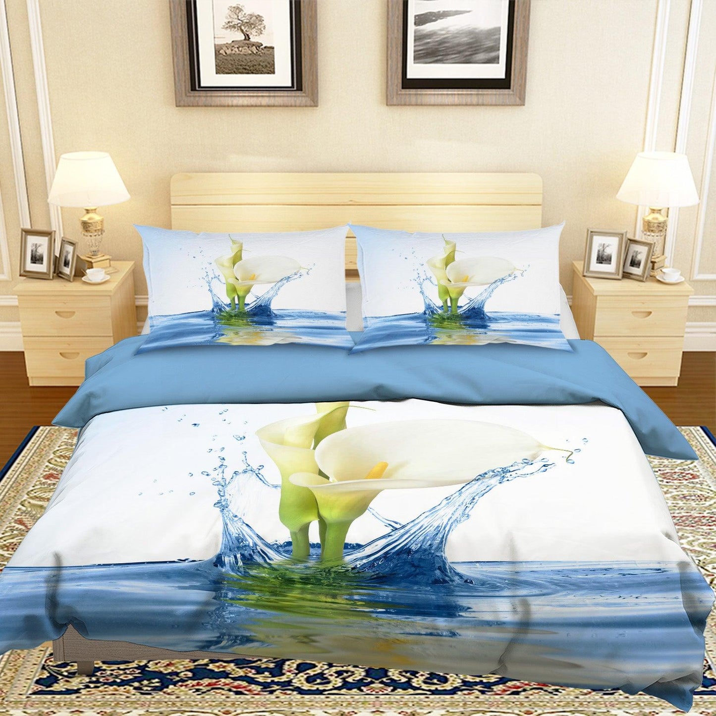 3D Blue Calla Lily Water Quilt Cover Set Bedding Set Pillowcases 66