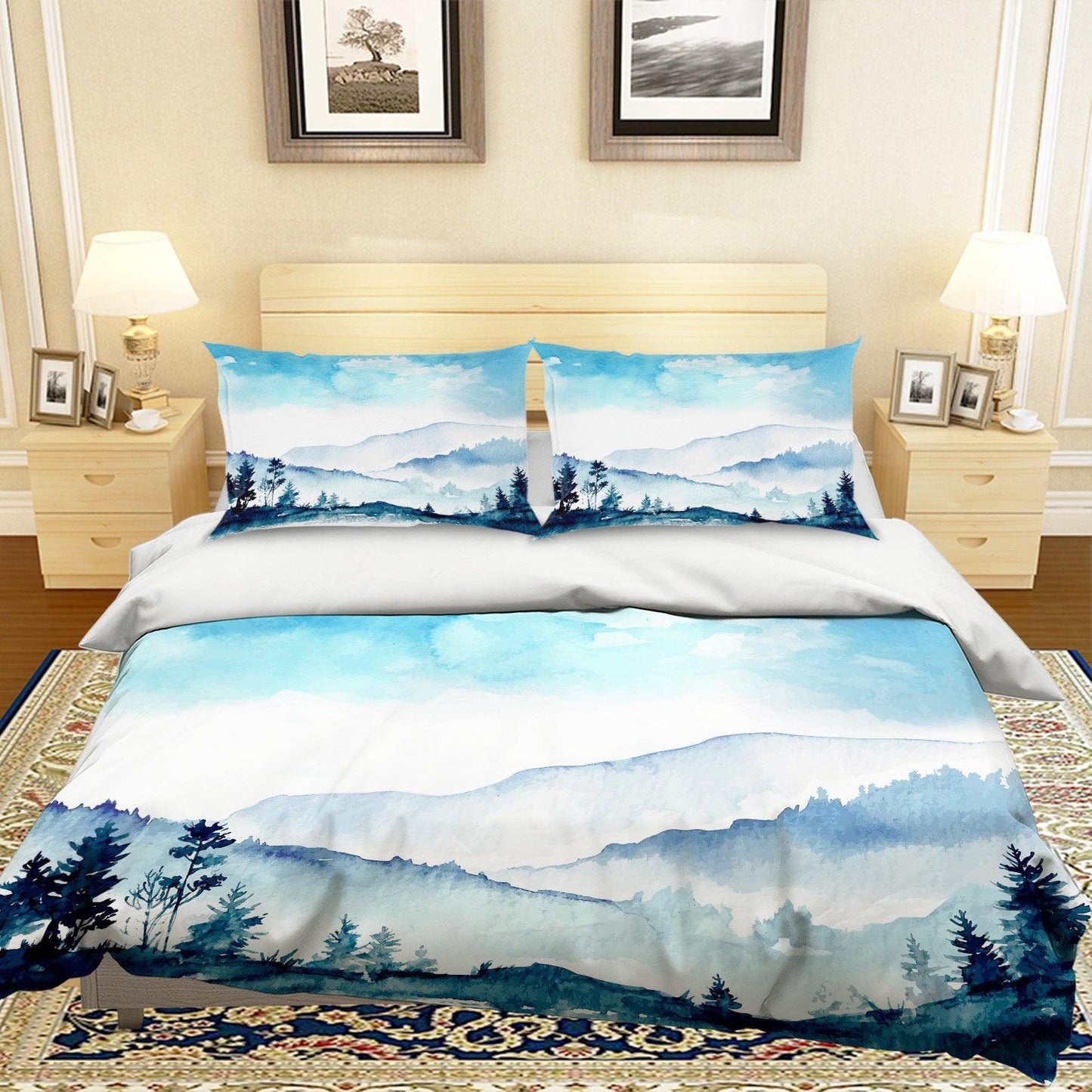 3D Blue Watercolor Mountains Forest Quilt Cover Set Bedding Set Pillowcases 38