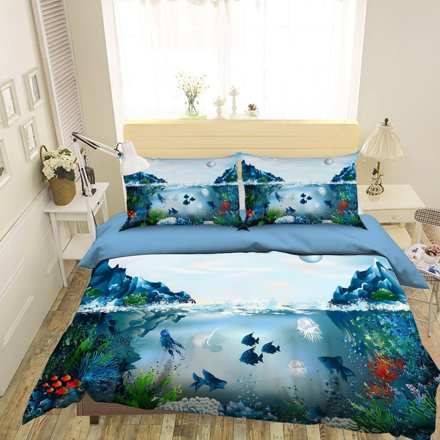 3D Blue Seabed Coral Fish Jellyfish Quilt Cover Set Bedding Set Pillowcases 75