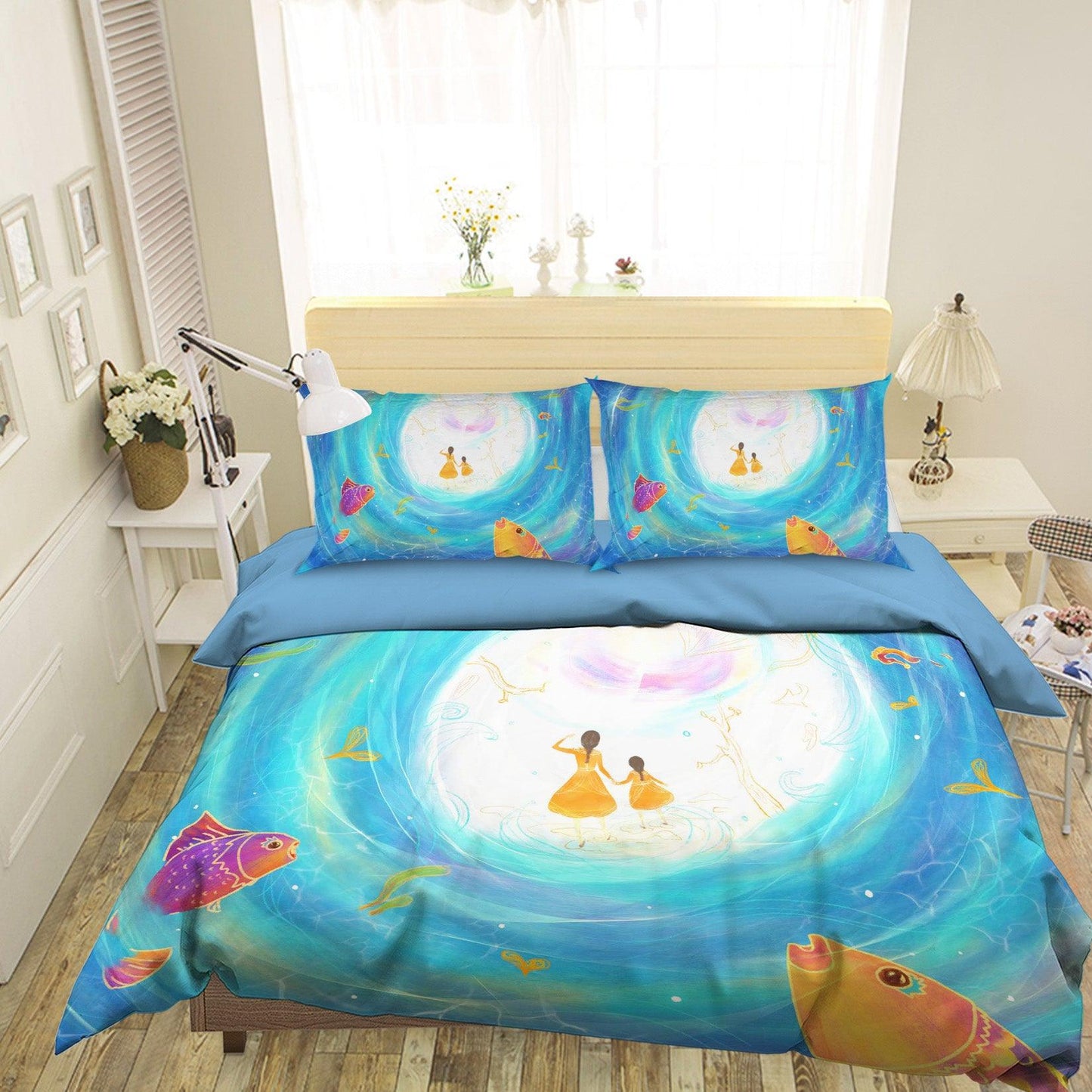 3D Blue Sea Fish Mother Daughter Quilt Cover Set Bedding Set Pillowcases 85