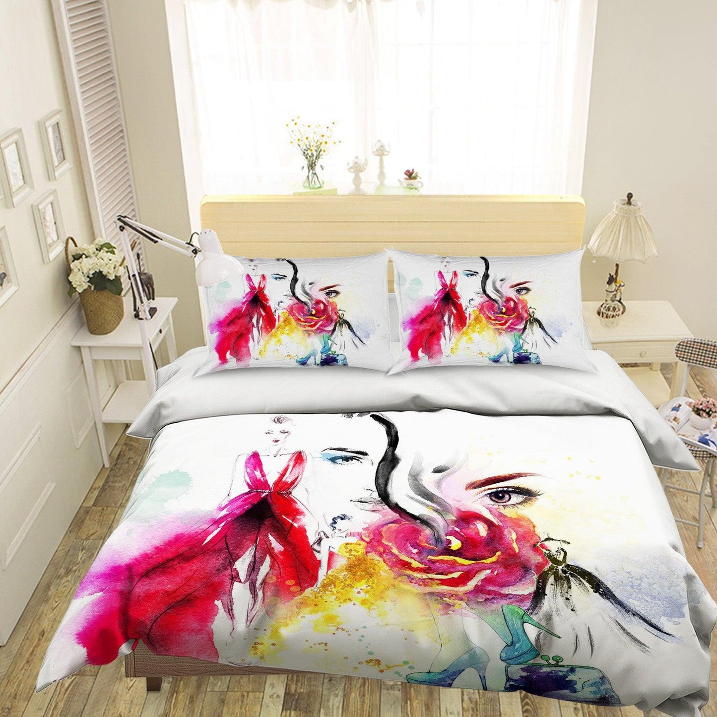 3D Beauty Skirt Floral High Heels Watercolor Quilt Cover Set Bedding Set Pillowcases 45