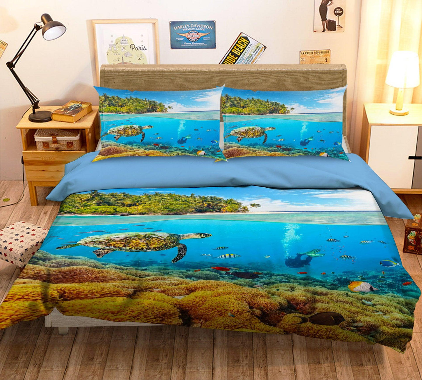 3D Blue Forest Sea Turtle Coral Fish Diving Quilt Cover Set Bedding Set Pillowcases 10