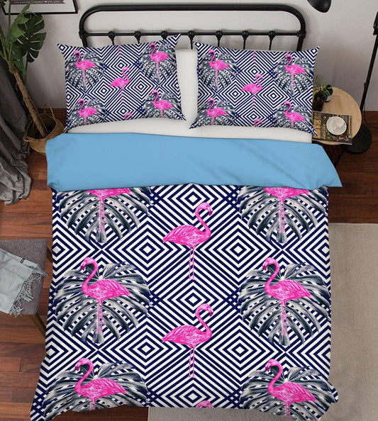 3D Black Pink Flamingo Stripes Square Quilt Cover Set Bedding Set Pillowcases 40
