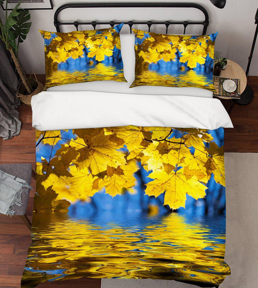 3D Blue Yellow Maple Leaves Quilt Cover Set Bedding Set Pillowcases 73