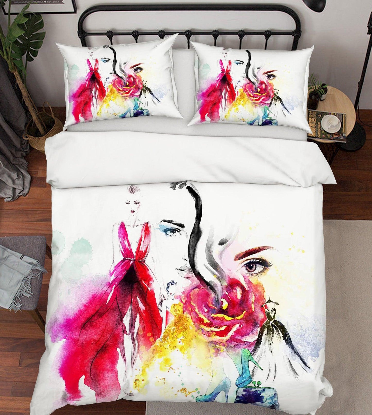 3D Beauty Skirt Floral High Heels Watercolor Quilt Cover Set Bedding Set Pillowcases 45