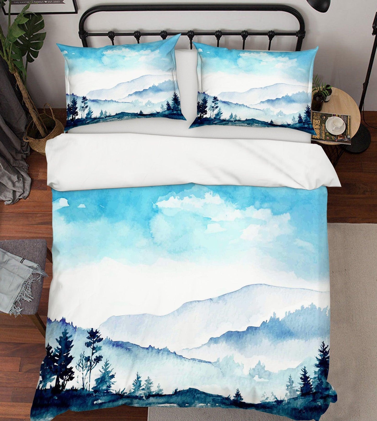 3D Blue Watercolor Mountains Forest Quilt Cover Set Bedding Set Pillowcases 38