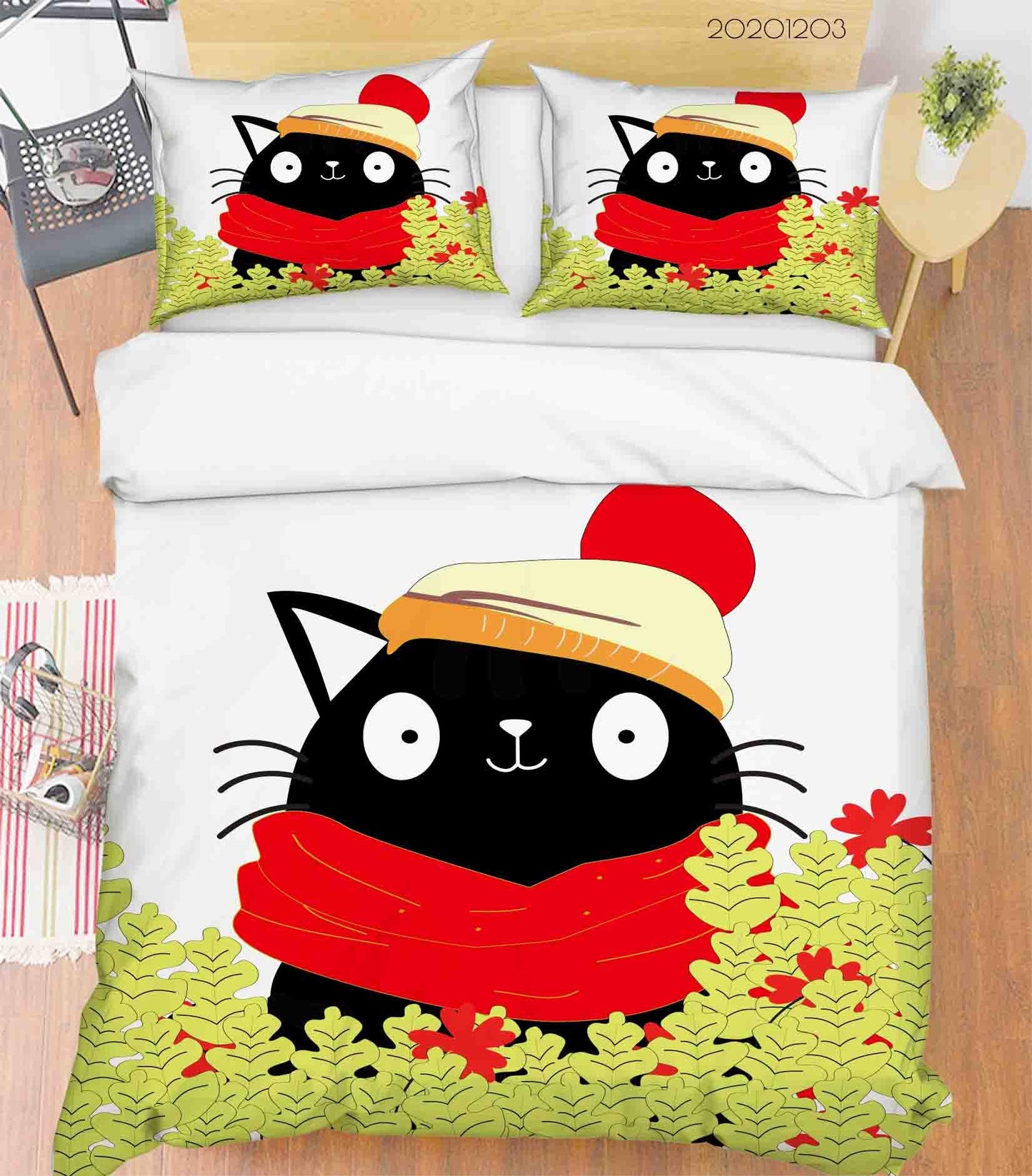 3D Cartoon Hand Drawn Black Cat Animal Green Plant Quilt Cover Set Bedding Set Duvet Cover Pillowcases LXL